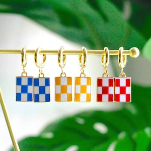 Checkerboard Earrings, 24k Gold Plated Stainless Steel Huggie Hoops | Checker Earrings, Checker Huggies, Dainty Huggie Hoops