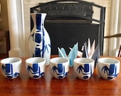 Vintage Japanese Stoneware Sake Set Blue Bamboo Design Set of 6 Retro Barware Man-cave PC014