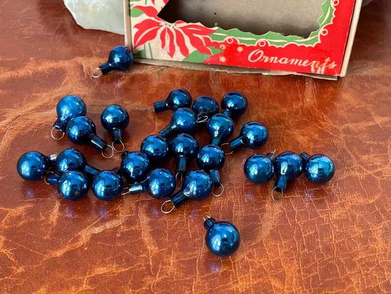 Vintage Glass Feather Tree Christmas Ornaments Set of 12 Blue Miniature