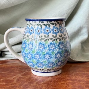 Polish Ceramika Artystyczna Pottery Bubble Mug Hand Painted Blue and Green Flower Design PC4348