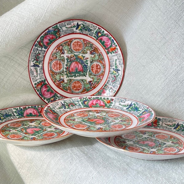 Antique Chinese Rose Medallion Saucers Set of 4 Republic Era Hand Painted Double Happiness Trellis Decorations PC3513