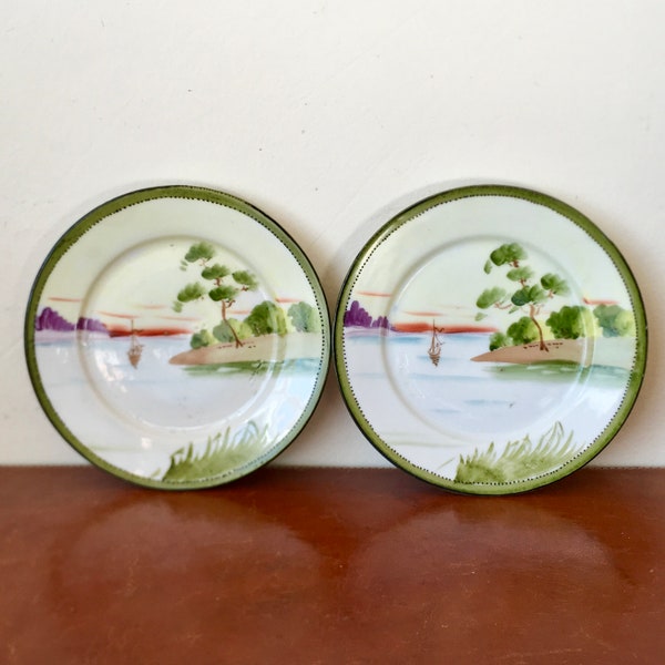 Vintage Nippon Hand Painted Porcelain Dessert Plates Set of 2 1930’s Japanese Lake Scene with Boat PC799