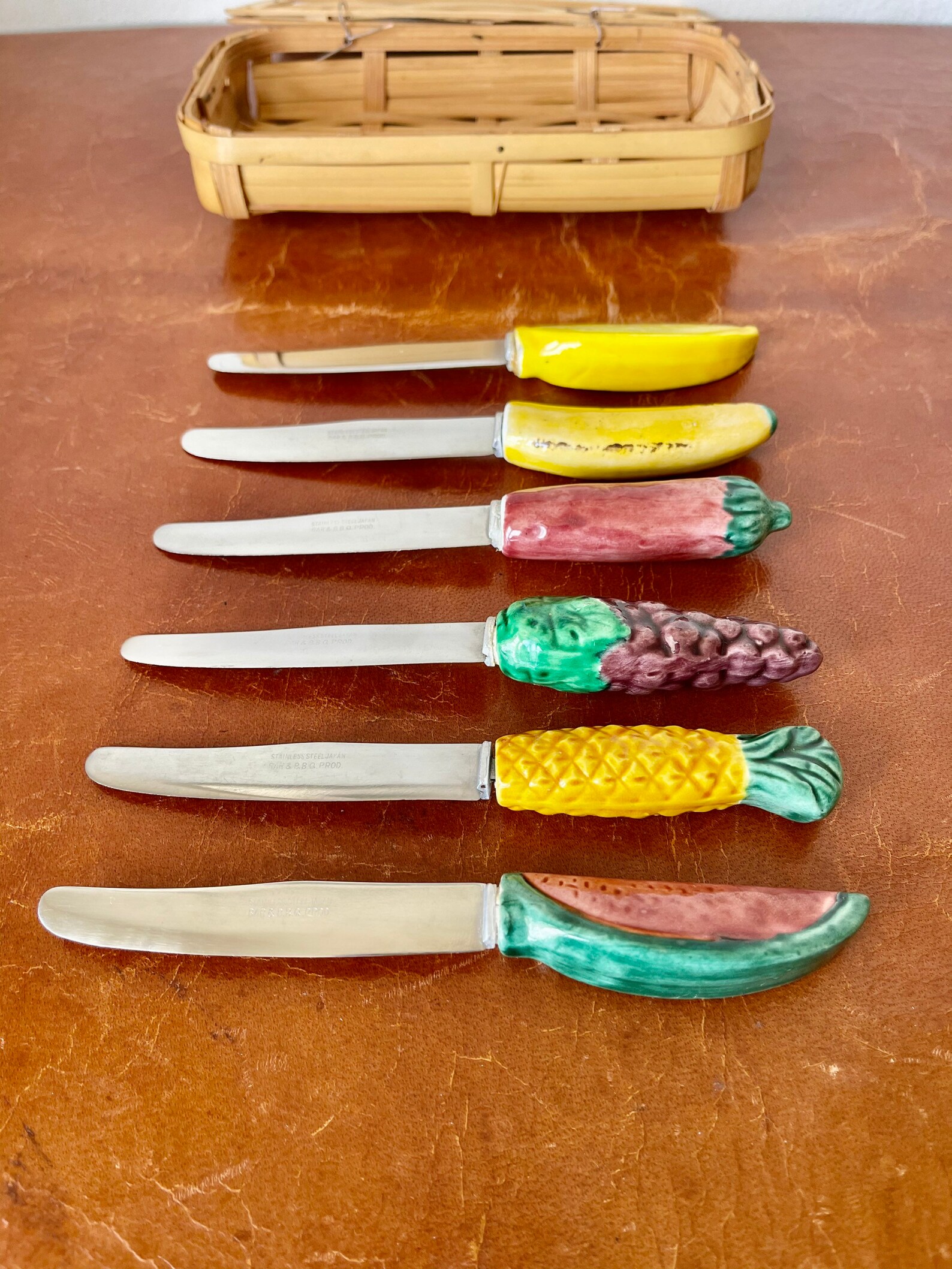 Vintage Ceramic Cheese Knife Set of 6 with Basket/ Made in Etsy