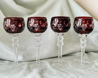 Vintage Cut to Clear Crystal Wine Glasses Rare Burgundy Red Cut to Clear Grape Cluster Design Circa 1960’s GC956