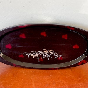 Vintage Japanese Lacquer Footed Oval Tray 1950’s Atomic Era Lacquer Serving Plate with Bamboo Design Asian Decor SI393
