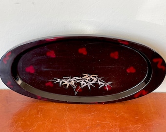 Japanese Lacquer Footed Oval Tray 1950’s Atomic Era Lacquer Serving Plate with Bamboo Design Asian Decor SI393