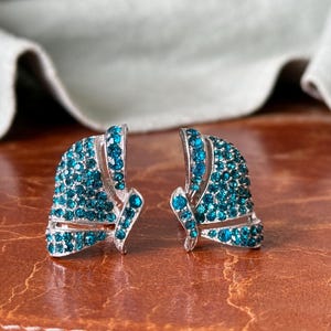 Vendome Blue Rhinestone Butterfly Wing Earrings Pave Set 1960’s Ear Clips Signed Vendome Rhodium Plated CJ1013