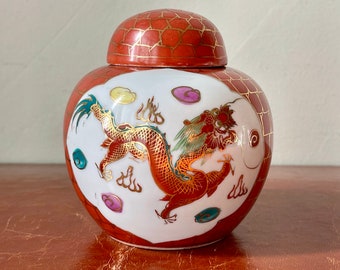 Antique Chinese Dragon and Phoenix Porcelain Tea Jar Chinese Republic Era 1912 to 1949 Lidded Hand Painted Dragon  Phoenix Ware PC1088