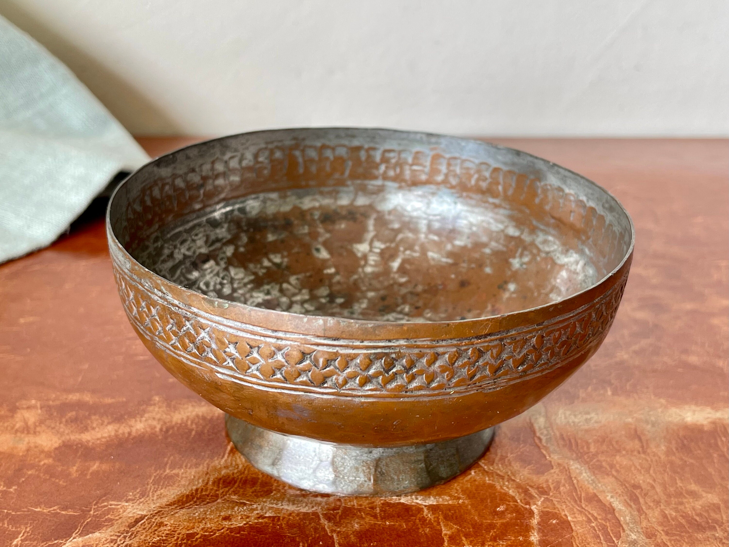 Antique Indian Copper Bowl Hand Forged Etched and Hammered Antique Indian Copper Bowl Hand Forged Etched and Hammered