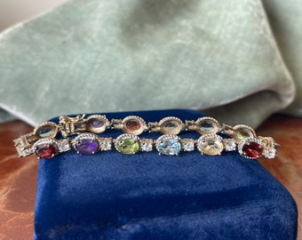 Multi Gem Gold Vermeil Tennis Bracelet with Oval Prong Set Gems in Gold Plated 925 Silver with Double Safety Clasp FJ190