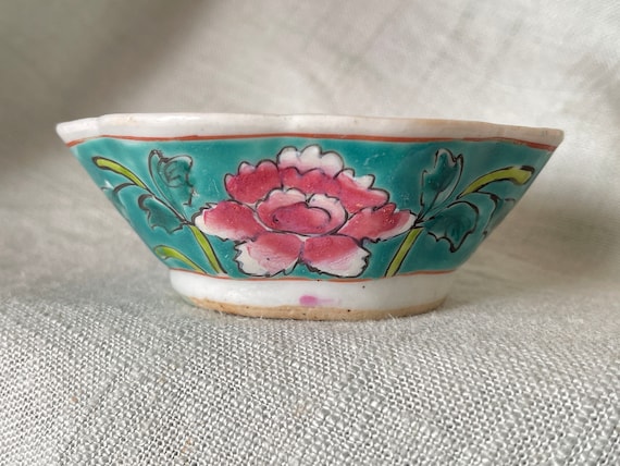 Antique Chinese Qing Dynasty Turquoise Enameled Small Lobed Floral Bowl 1891-1921 marked CHINA Hand Painted Bowl PC3405