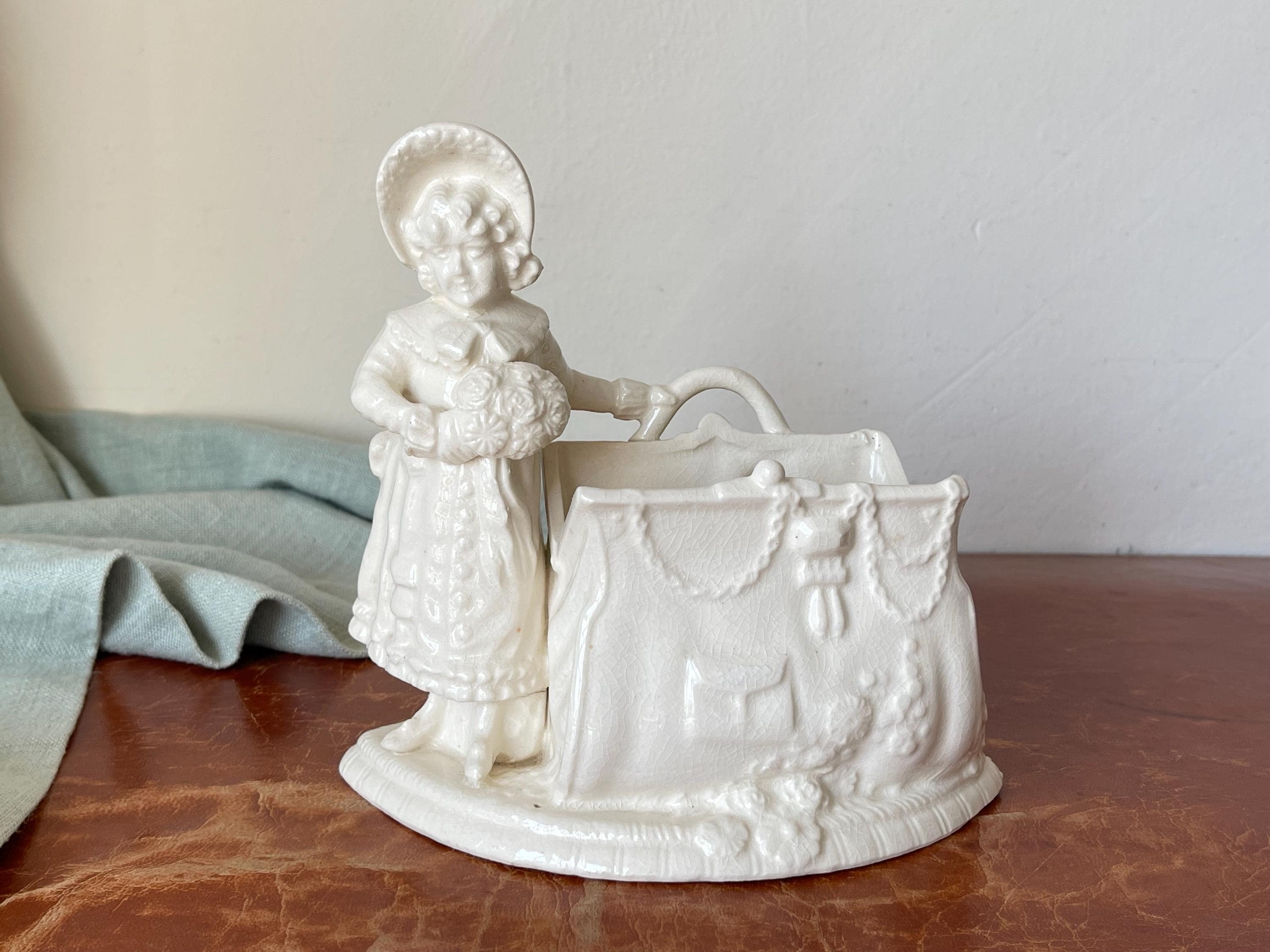 Vintage Majolica Pottery Figural Girl Vase Planter Made in Japan circa 1930’s Rare Purse Handbag Planter PC3990
