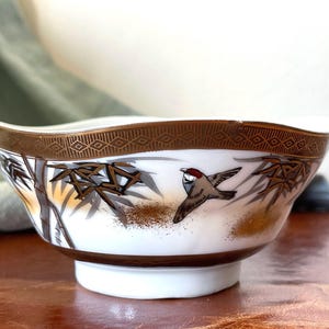 Vintage Kutani Bowl Japanese Hand Painted Porcelain Bowl with Bamboo and Bird Designs Made in Japan 1950’s PC3073