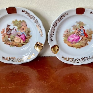 Vintage Limoges Ashtrays Set of 2 Porcelain Fragonard Courting Couples French White and Gold Ashtrays 1950’s Pristine Condition PC951