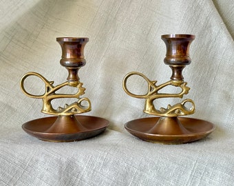 Vintage Chinese Dolphin Candle Holders Brass and Bronze Sea