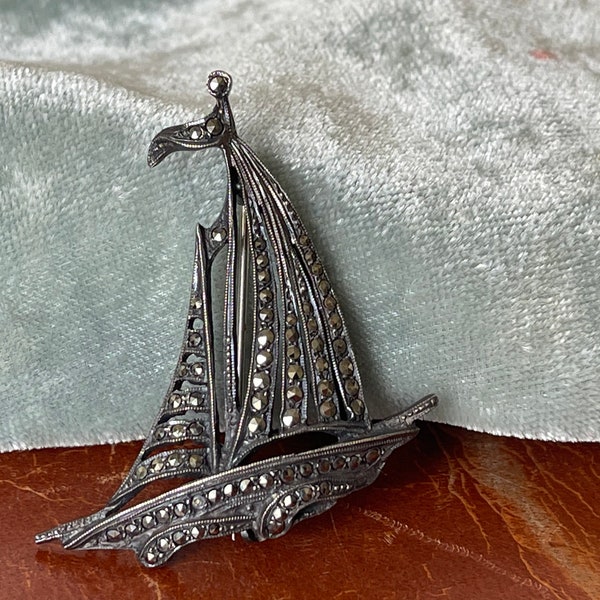 Antique Sterling Silver Marcasite Sailboat Brooch Genuine Marcasite Victorian Silver Pin made in England FJ188