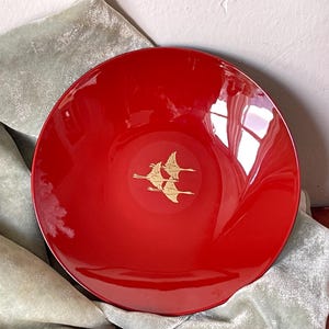 Vintage Japanese Red Lacquer Plate Lacquered Wood Plate with Gold Cranes Design made in Japan SI1828