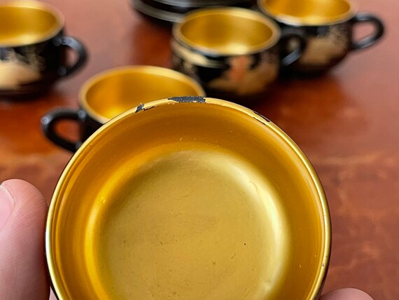 Antique Japanese Lacquer Tea Cups and Saucers Set of 6 Hand