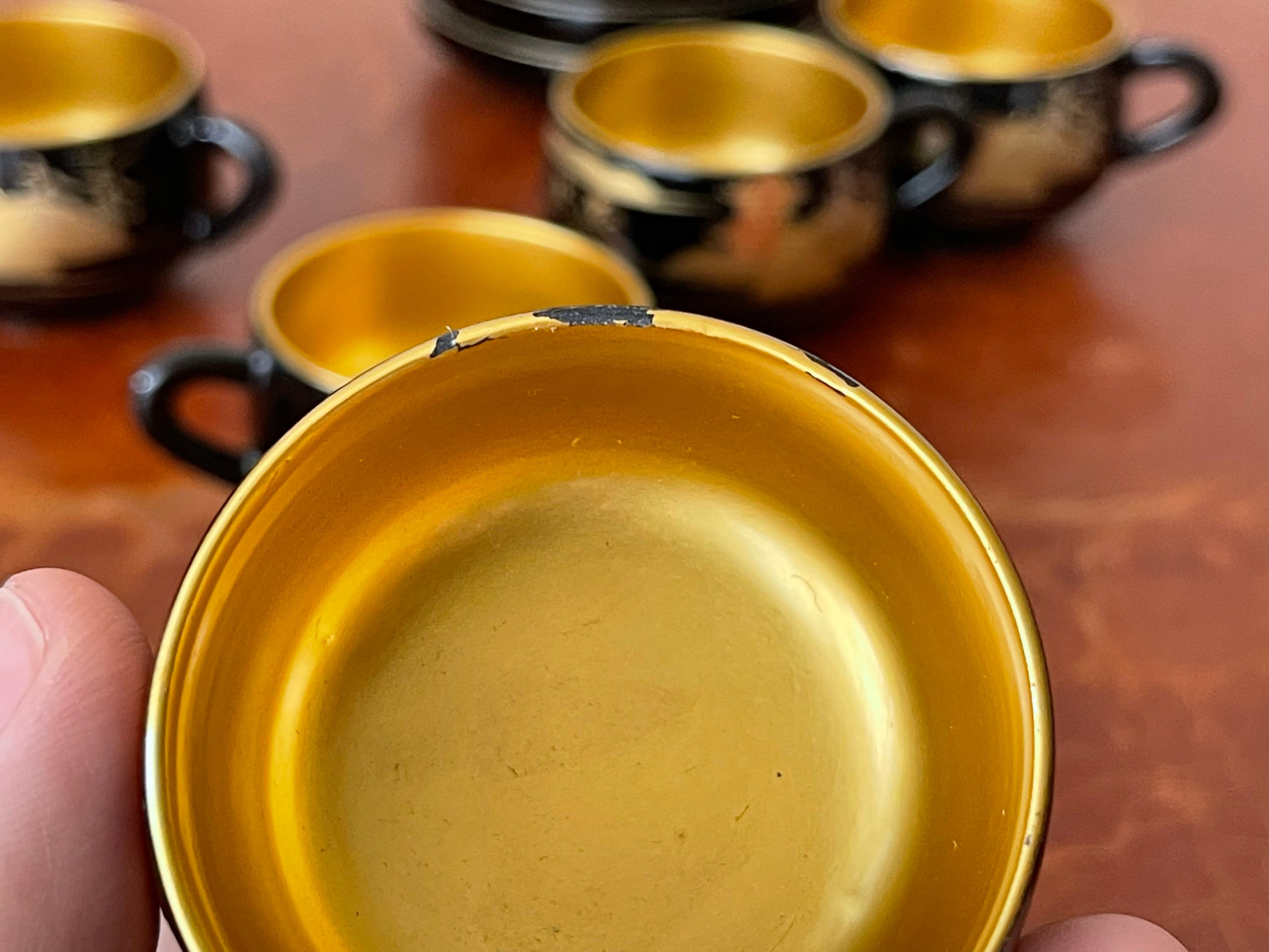 Antique Japanese Lacquer Tea Cups and Saucers Set of 6 Hand