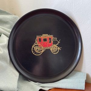 Vintage Couroc Lacquer Inlay Cocktail Tray 1970’s Couroc of Monterey Wells Fargo Stagecoach Serving Tray Inlaid Brass SI1311