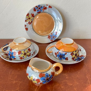 Vintage Japanese Porcelain Lusterware Tea Cups 6 Piece 1930’s Hand Painted Blue and Orange Floral Design Made in Japan PC1828