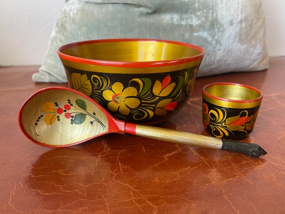 Ensemble Khokhloma Russie - Plateau + 6 Verres + Carafe - Peinture Main Laquée
