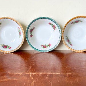 Vintage Porcelain Serving Bowls Set of 3 Japanese Lustreware Yamatzu Teal and Peach Scalloped Lustre Trim Cottage Style Kitchen PC834