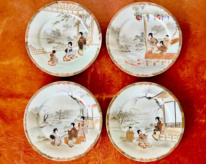 Antique Japanese Kutani Geisha Plates Set of 4 Hand Painted Etsy