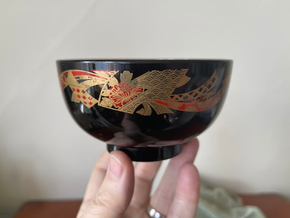紫檀 蓋物 台付 二件(K-A714) Vintage Japanese Lacquerware Bowl and Plate Hasagawa Made in