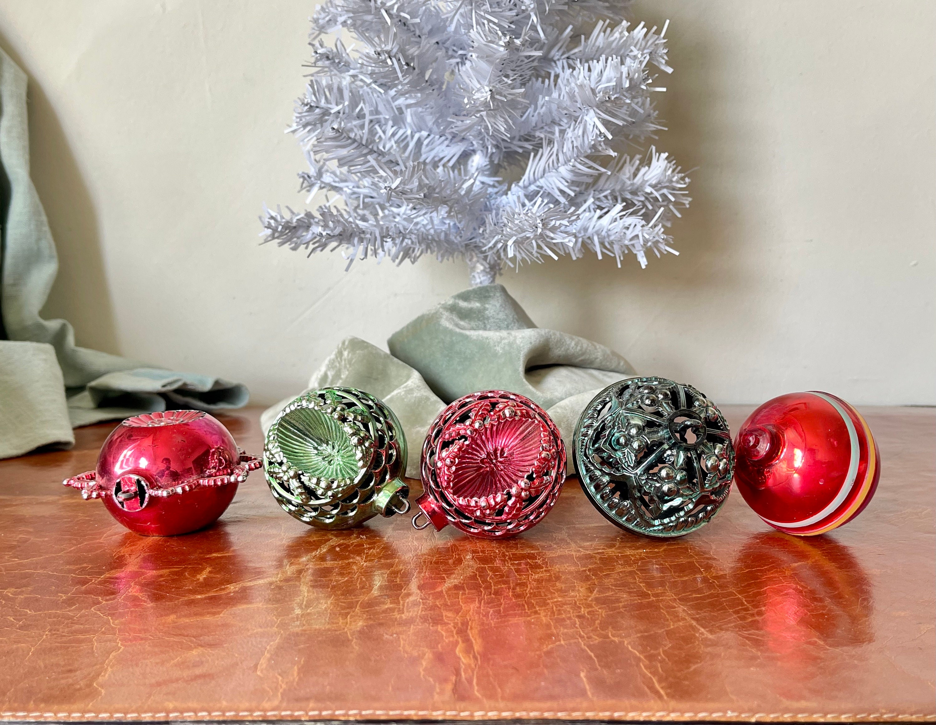 2 Vintage Christmas Tree Ornaments - unbreakable flocked foam christmas  trees