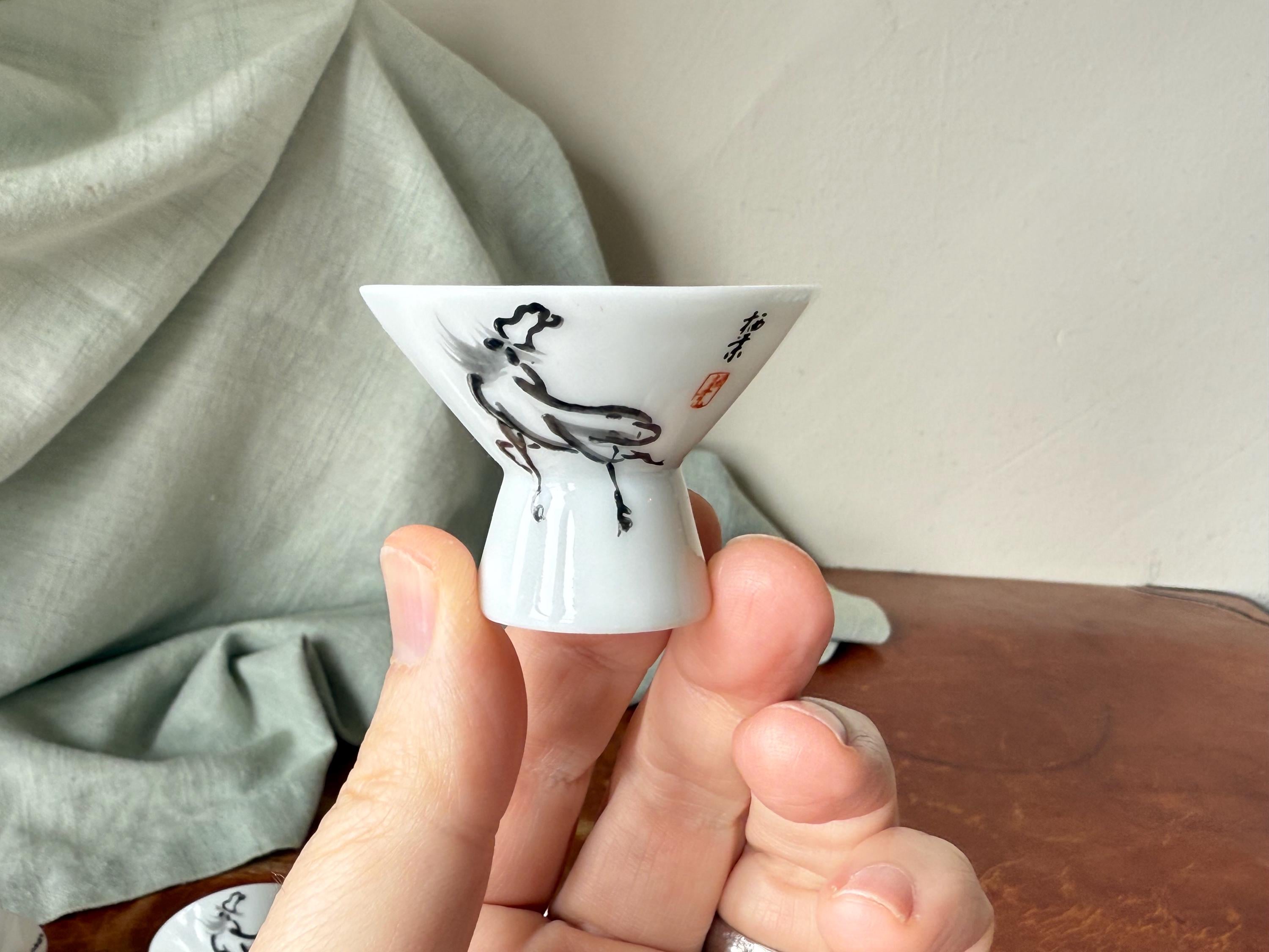 Vintage Chinese Horse Porcelain Sake Cups Set of 5 Ochoko