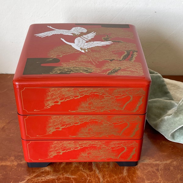 Vintage Japanese Lacquerware Stackable 3 Tiered Bento Box with Lid Large Lacquer Bento Box Asian Retro Home SI1344