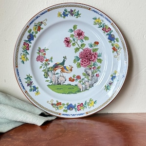 May include: A white ceramic plate with a colorful floral and bird design. The plate features a brown rim and a detailed border with flowers and foliage. The central design includes two birds, pink flowers, and green grass.