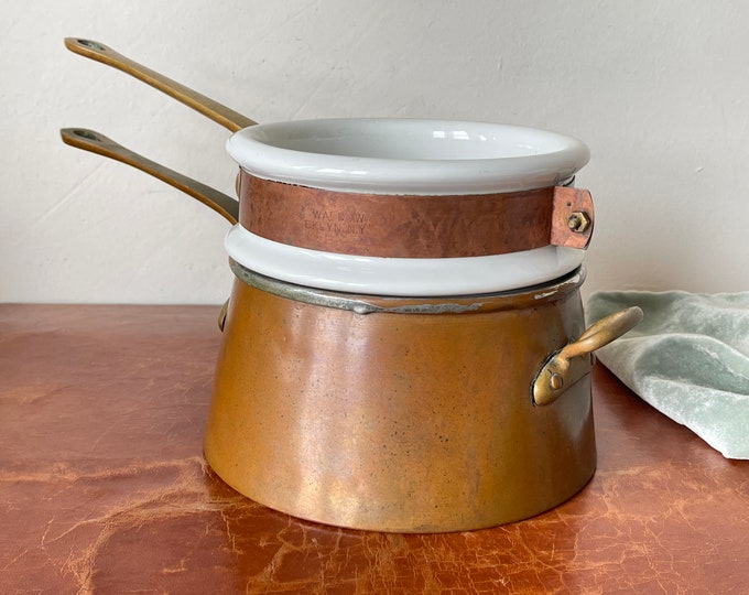 Antique Copper and Ceramic Double Boiler Bain Marie Riveted Brass Handles Tin Lining French