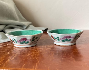 Antique Chinese Qing Dynasty Turquoise Enameled Bowls Set of 2 Small Lobed Floral Bowls Circa 1850 to 1890 Hand Painted Bowls PC3916