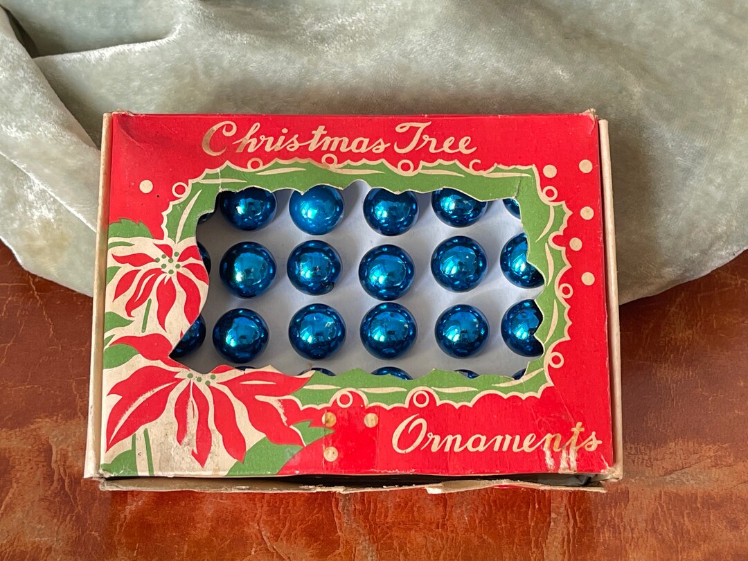 Vintage Glass Feather Tree Christmas Ornaments Set of 12 Blue Miniature