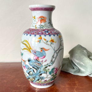 Antique Chinese Famille Rose Vase Rare Republic Era Hand Painted Porcelain Vase Enameled Porcelain Cockerels and Floral Design PC2909