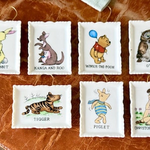 Vintage Winnie the Pooh Porcelain Christmas Tree Ornaments Set of 7 Walt Disney Productions 1964 Enesco Japan RARE OR1863