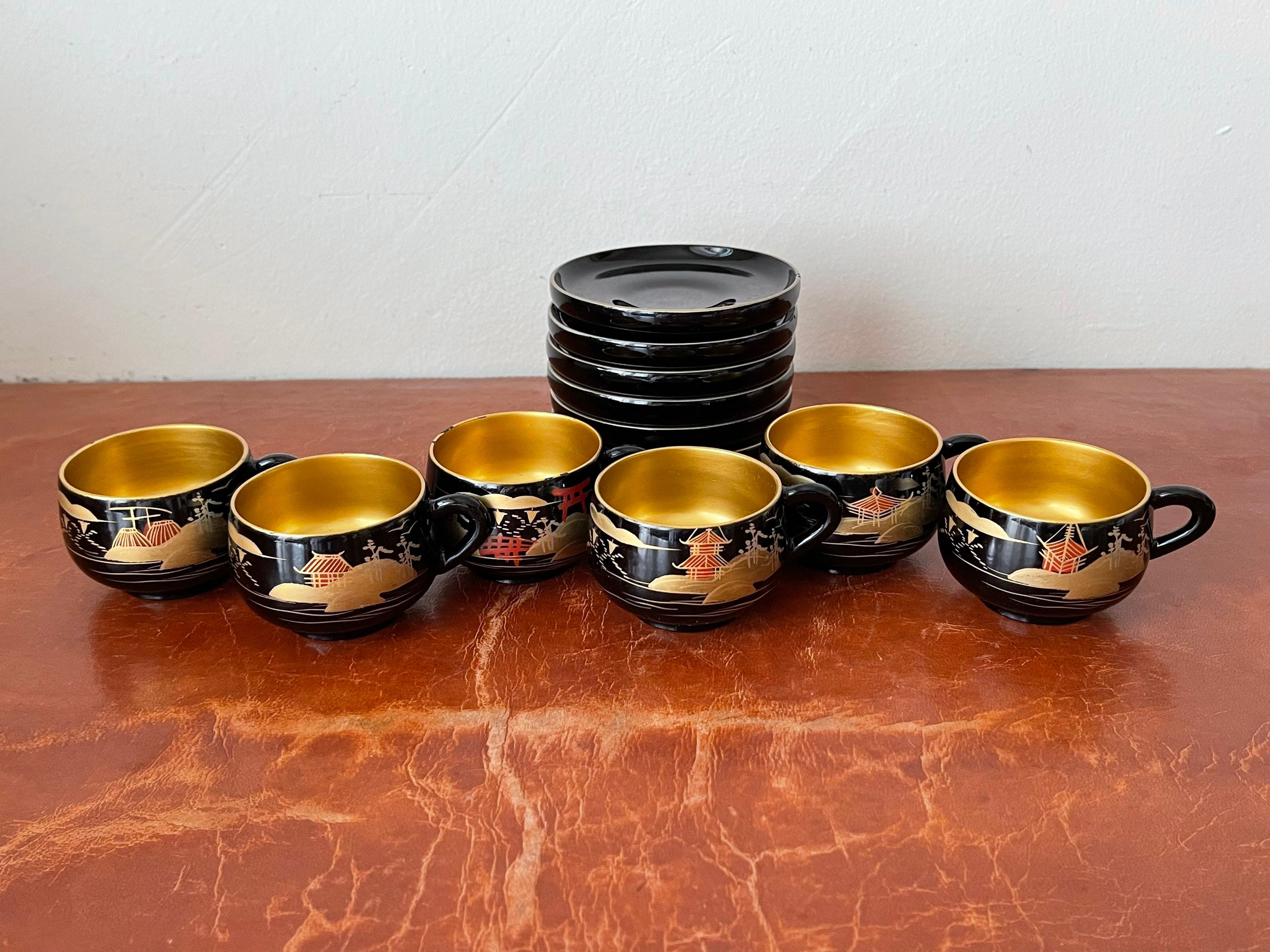 Antique Japanese Lacquer Tea Cups and Saucers Set of 6 Hand