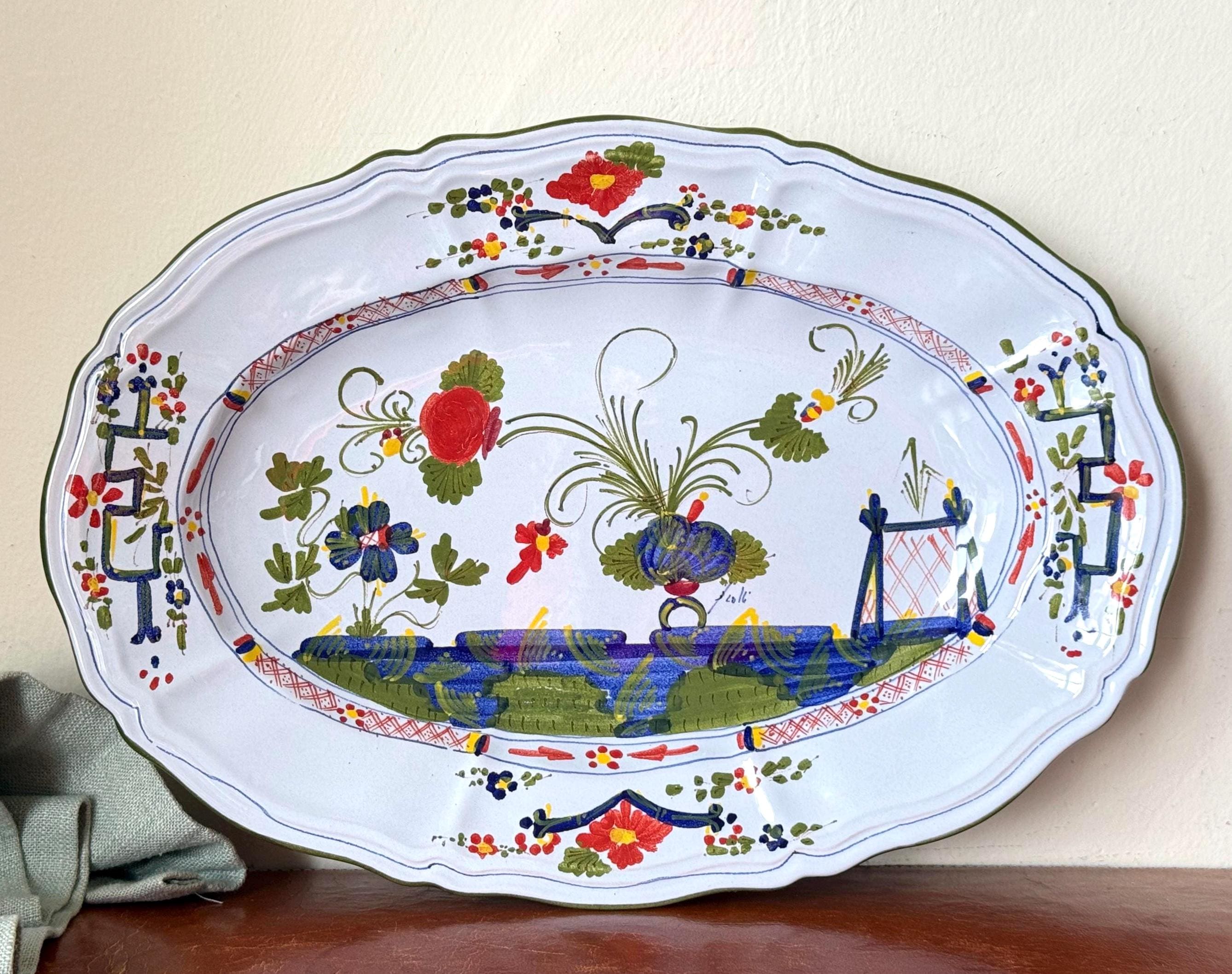 Hand Painted Italian Pottery Serving Platter Brolli and Toniolo Made in Italy Carnation Pattern Oval Serving Tray PC4271