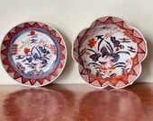 Japanese Imari Porcelain Lotus Bowl and Dish Vintage 1970 s Crane and Lotus Design Hand Painted Imari Design PC007