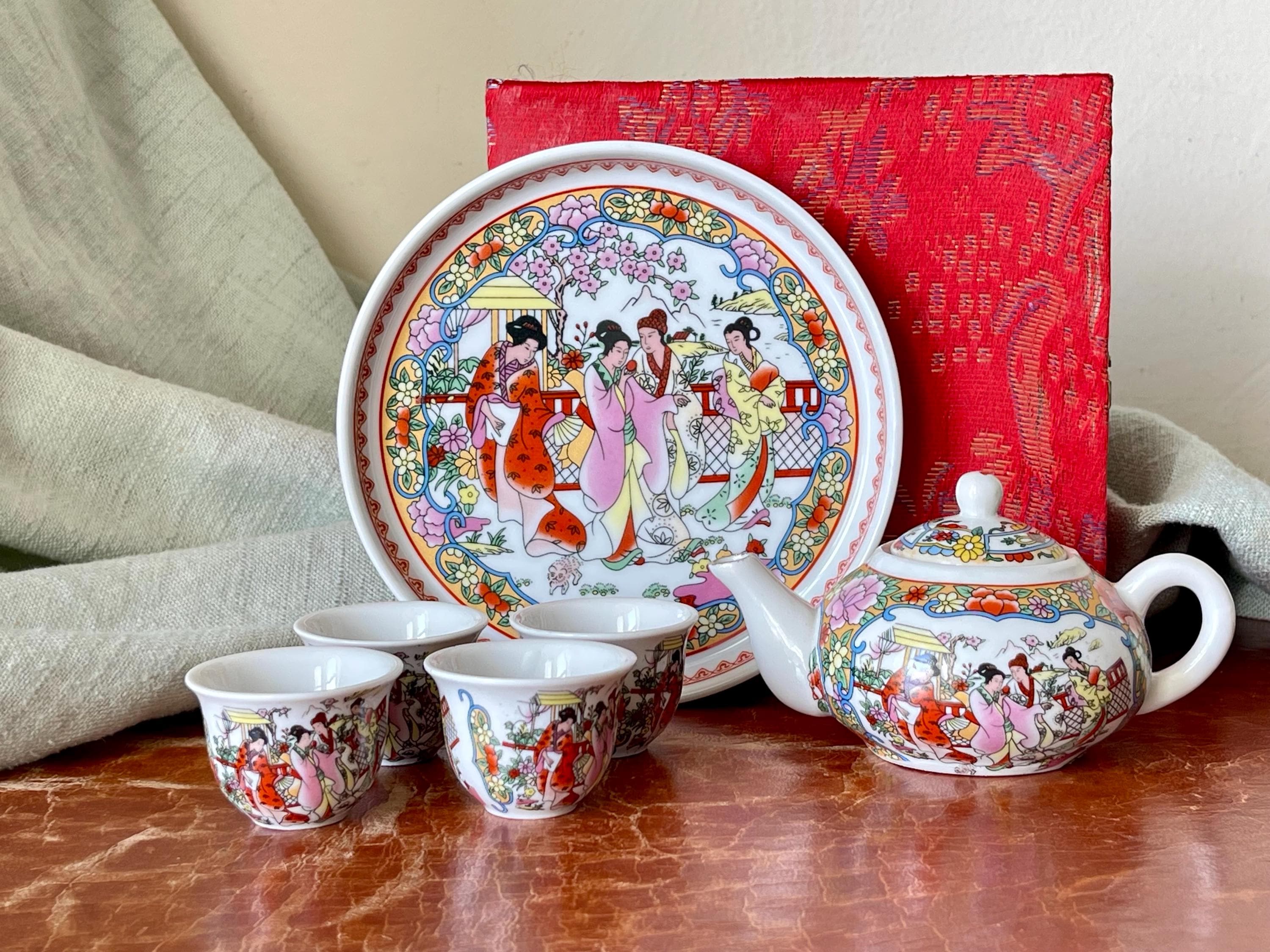 Vintage Chinese Miniature Tea Set in Silk Box Chinese Porcelain