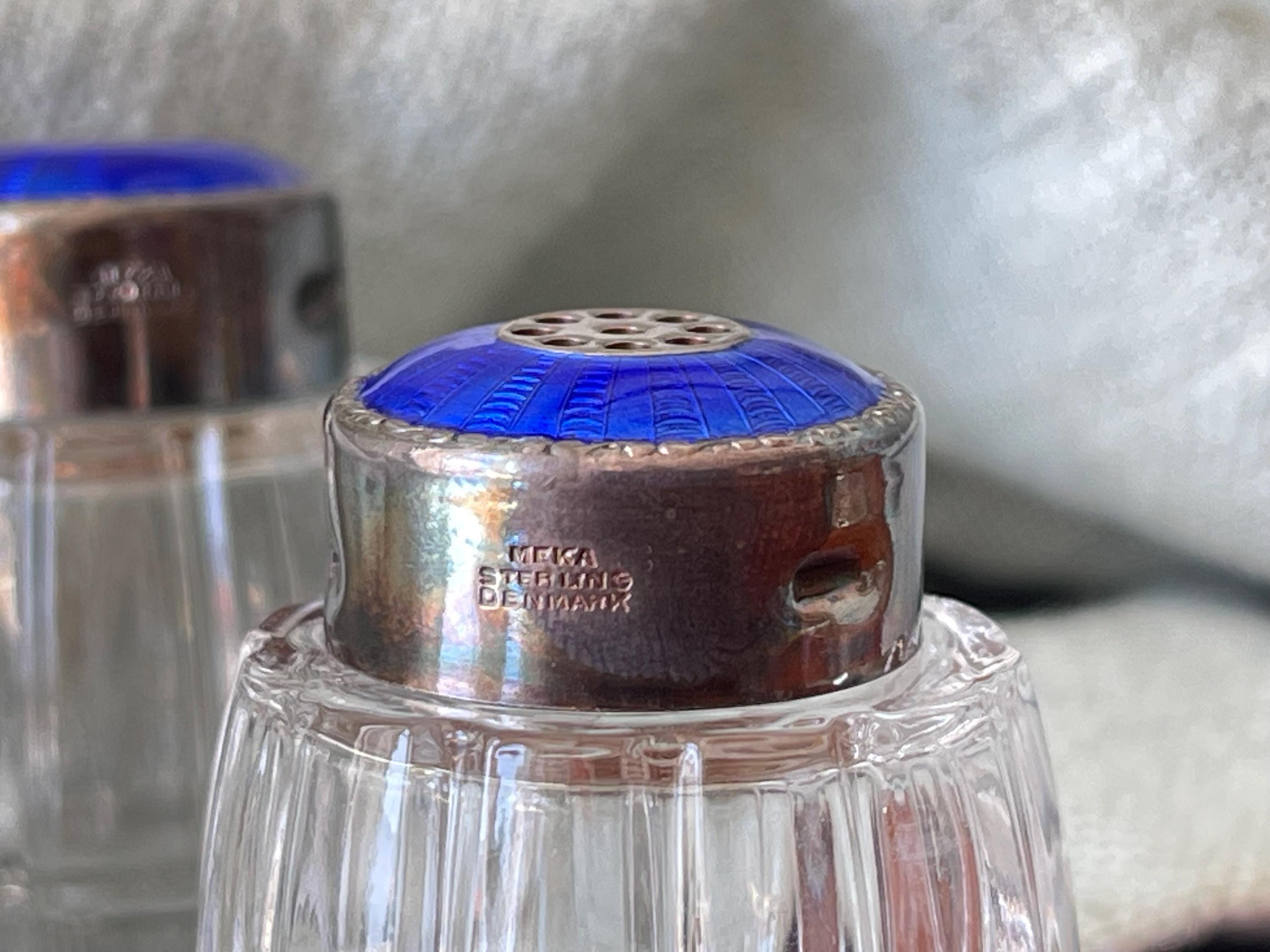 Vintage Meka Denmark Sterling Silver Guilloche Enamel Salt and