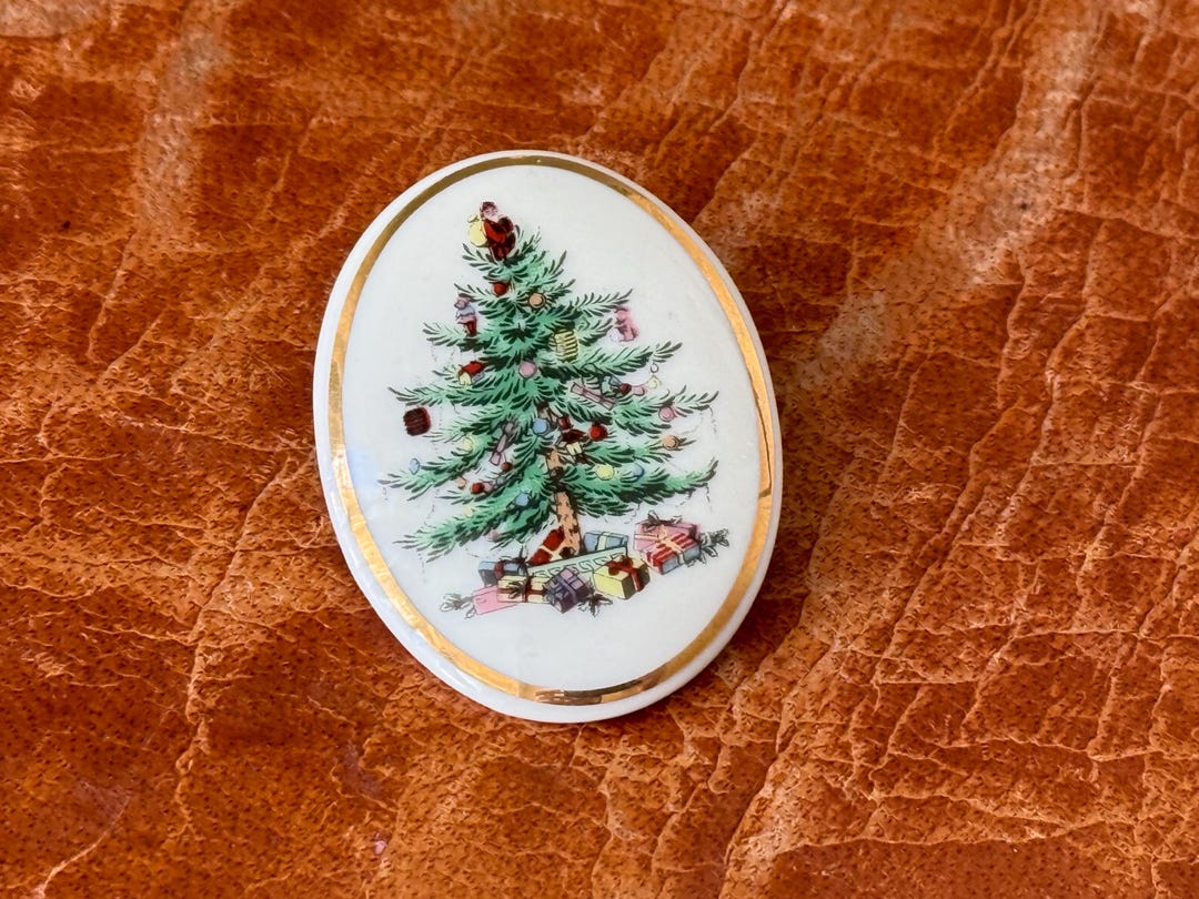 Spode Pin Vintage Spode Christmas Tree Brooch Pin Spode Holiday Bone China Oval ...