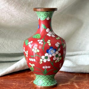 Antique Chinese Cloisonne Vase Hand Enameled Brass Vase Floral and Fishscale Design Made in China 1890’s SI1919