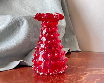 Vintage Italian Empoli Red Spiky Glass Vase Mid Century Italian Pulled Hobnail Spike Vase Made in Italy GC683