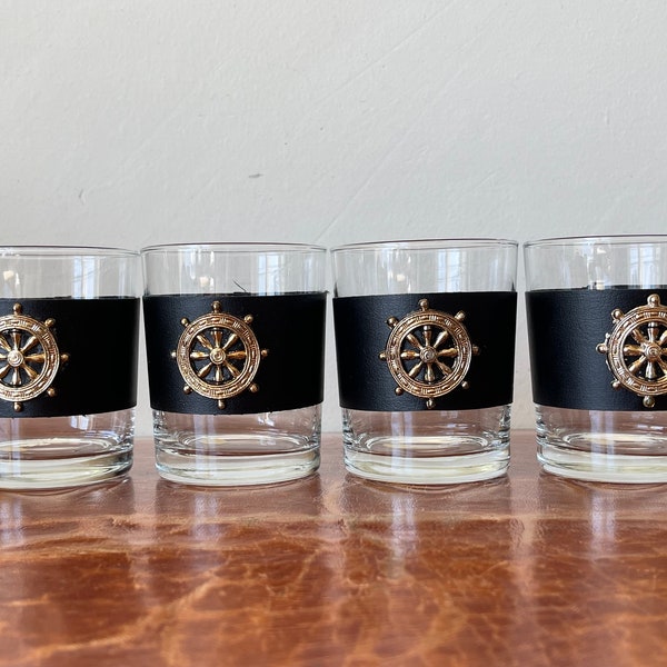 Vintage Italian Sailing Nautical DesIgn Whiskey Rocks Glasses Set of 4 Retro Glass Barware Faux Leather Ship Wheel Decorations GC666