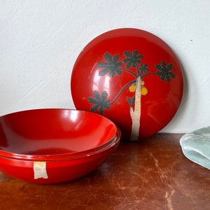 Antique Japanese Lacquer Serving Bowl with Lid 1930’s Lacquerware Dish With Celluloid Palm Tree Design Appliqué Retro Asian Home SI1450