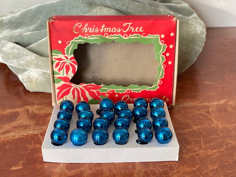 Vintage Glass Feather Tree Christmas Ornaments Set of 12 Blue Miniature