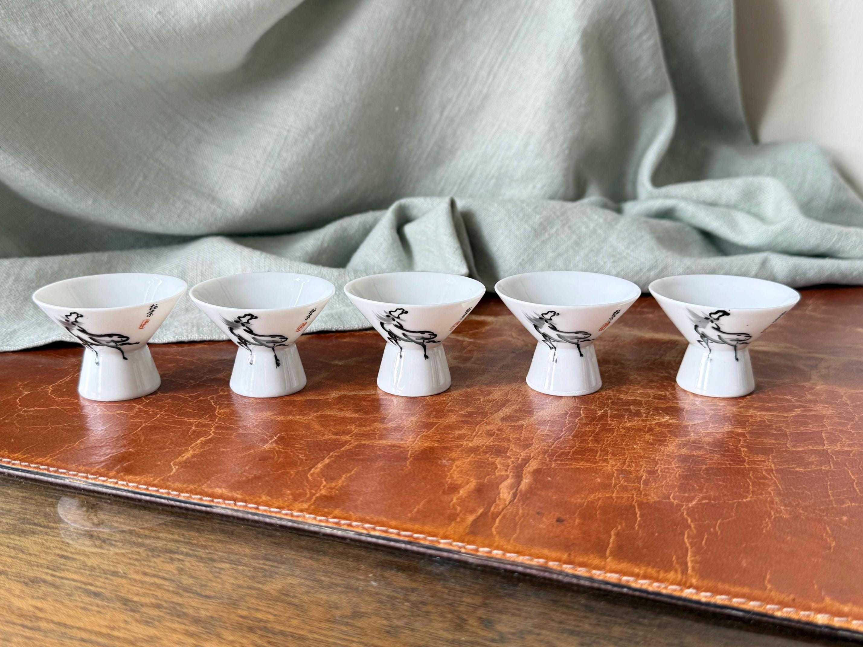Vintage Chinese Horse Porcelain Sake Cups Set of 5 Ochoko